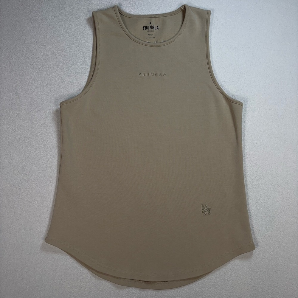 YoungLA 301 Excellence Tank Top Men's M‎ Cream Beige Stretch Spellout MMXIV 2014